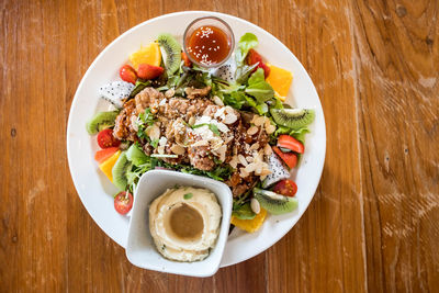 High angle view of meal served on table