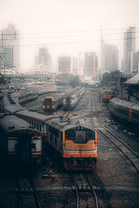 High angle view of train on street in city