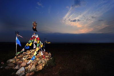 Tridents and buntings on pile of rocks against sky at twilight