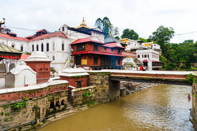 Buildings by river against sky