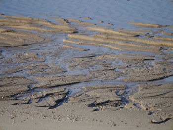 High angle view of footprints on wet sand