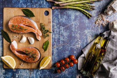 High angle view of vegetables on cutting board