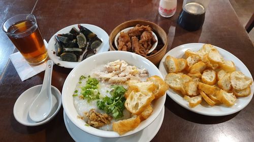 High angle view of food served on table