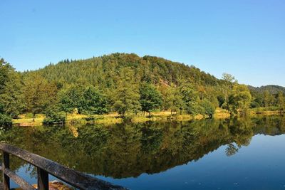 Scenic view of lake in forest against clear blue sky