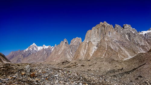 Scenic view of snowcapped mountains against clear blue sky