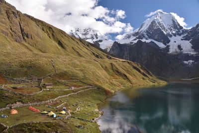 Scenic view of lake and mountains against sky