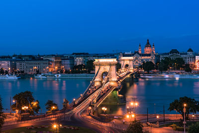 Illuminated bridge over river in city at night