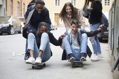 High angle view of people on street in city