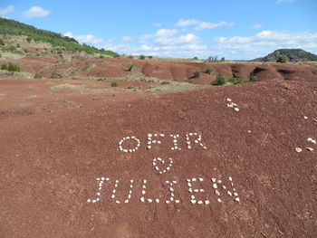 High angle view of text on sand