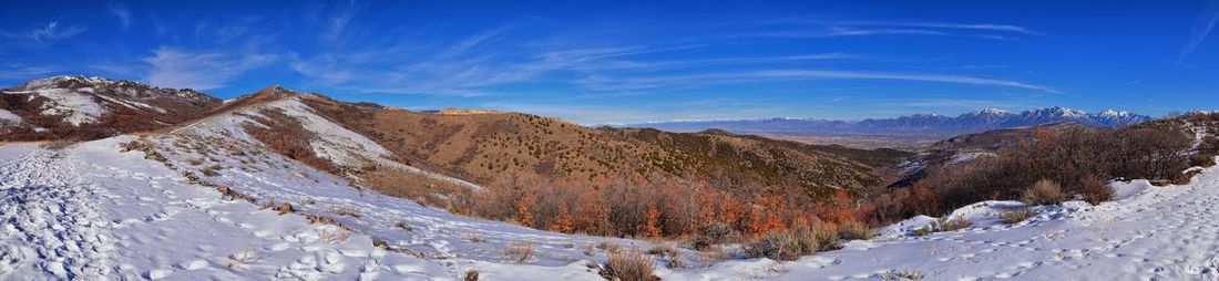 Scenic view of snow covered mountains against sky