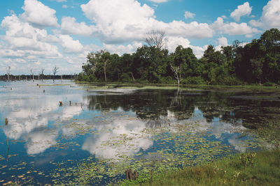 Scenic view of lake against cloudy sky