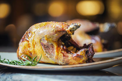 Close-up of meat served in plate on table