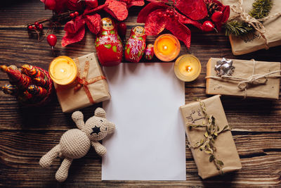 High angle view of christmas decorations on table