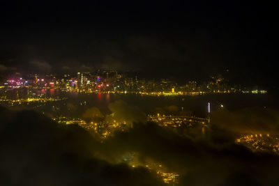 High angle view of illuminated buildings against sky at night