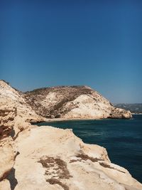 Rock formations in sea against clear blue sky