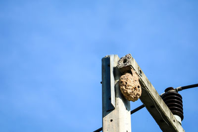 Low angle view of rope tied to pole against blue sky