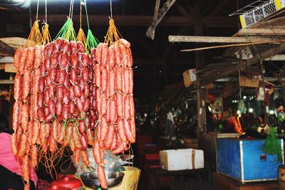 Sausages displayed at market