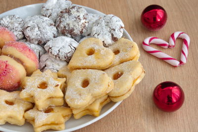 High angle view of cookies in plate on table