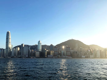 Sea by buildings against clear blue sky