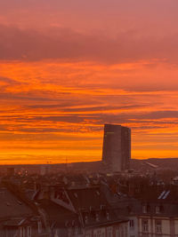 Buildings in city during sunset