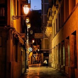 Alley amidst buildings in city at night