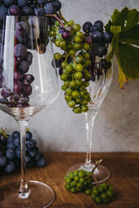 Close-up of grapes in glass on table