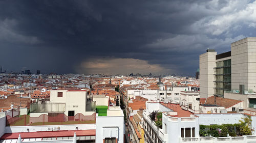 High angle view of buildings against sky