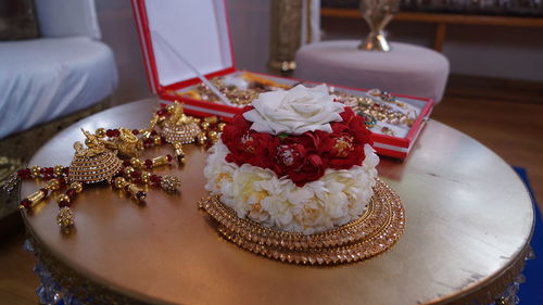 High angle view of cake on table