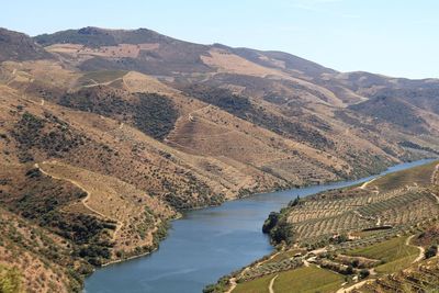 High angle view of duero river amidst mountains against clear sky