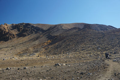 Scenic view of mountains against clear blue sky