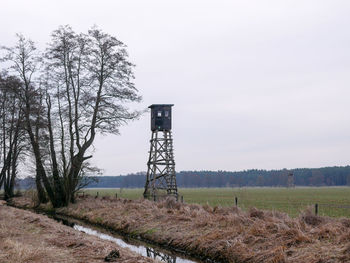 Bare trees on field against sky