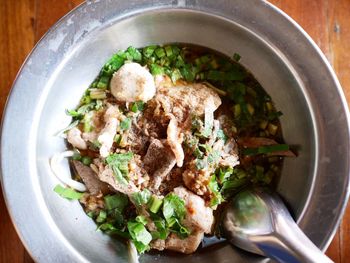 High angle view of salad in bowl on table