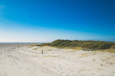 Scenic view of beach against blue sky