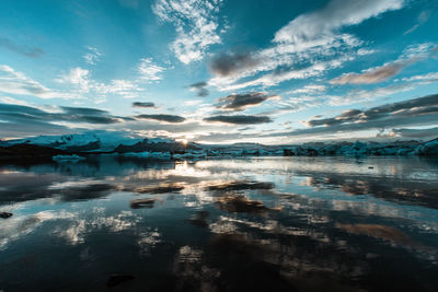 Scenic view of a frozen lake against sky at sunset