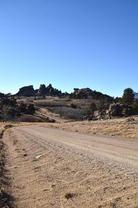 Scenic view of rural area against clear blue sky