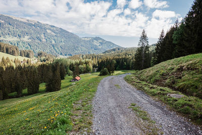 Road amidst trees and mountains against sky