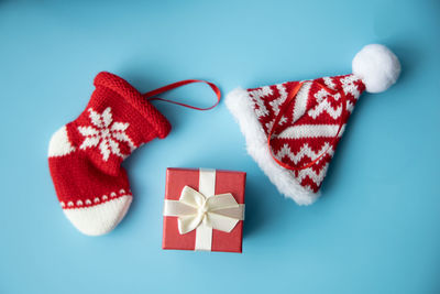 Close-up of christmas decoration against blue background