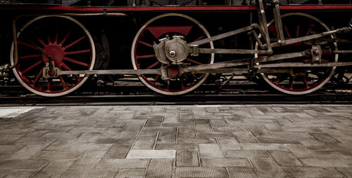 Close-up of train wheel on railroad track