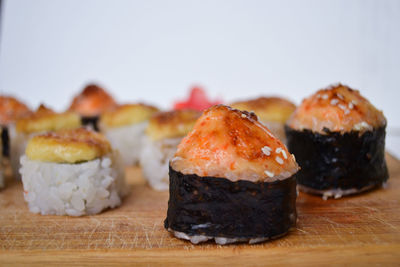 Close-up of sushi served on table