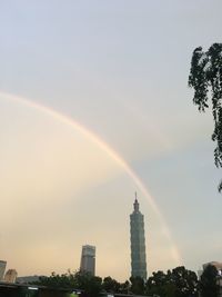 Rainbow over buildings in city