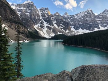 Scenic view of lake and snowcapped mountains against sky