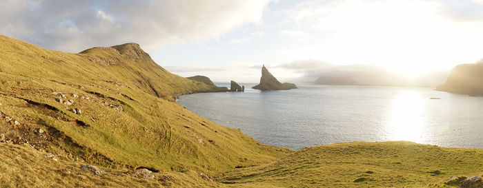 Panoramic view of bay against sky