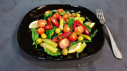 High angle view of vegetables in plate