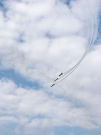 Low angle view of airplane flying against sky