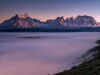 Scenic view of snowcapped mountains against sky during sunset