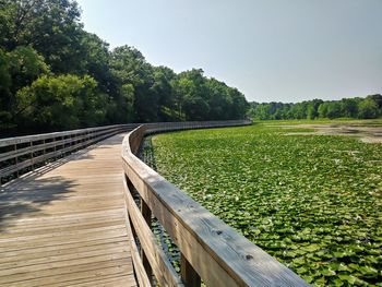 Boardwalk leading towards trees on field against clear sky