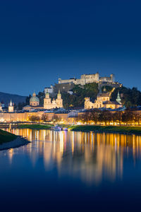 Buildings by river against clear sky