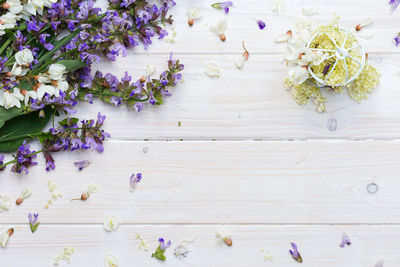 High angle view of purple flowering plant on table