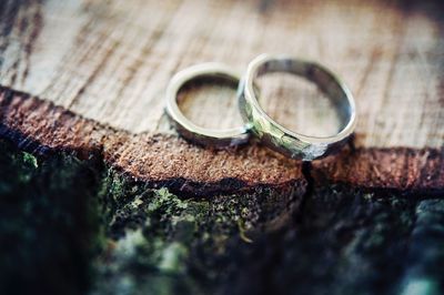 High angle view of wedding rings on tree stump