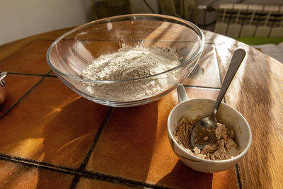 High angle view of breakfast on table